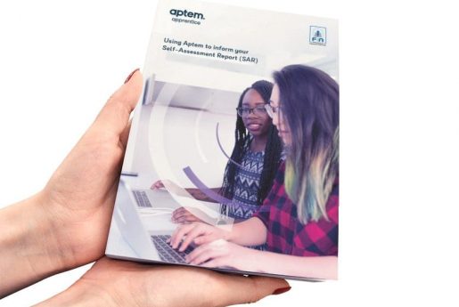 female hands holding Aptem self assessment report book