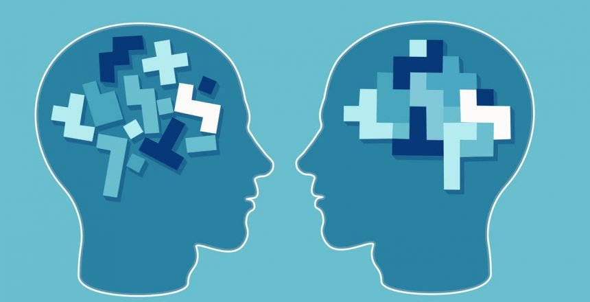 Vector concept of a puzzle head brain neurology and psychology. Rational and irrational thinking in the form of colourful arranged and disarranged shapes inside human head.